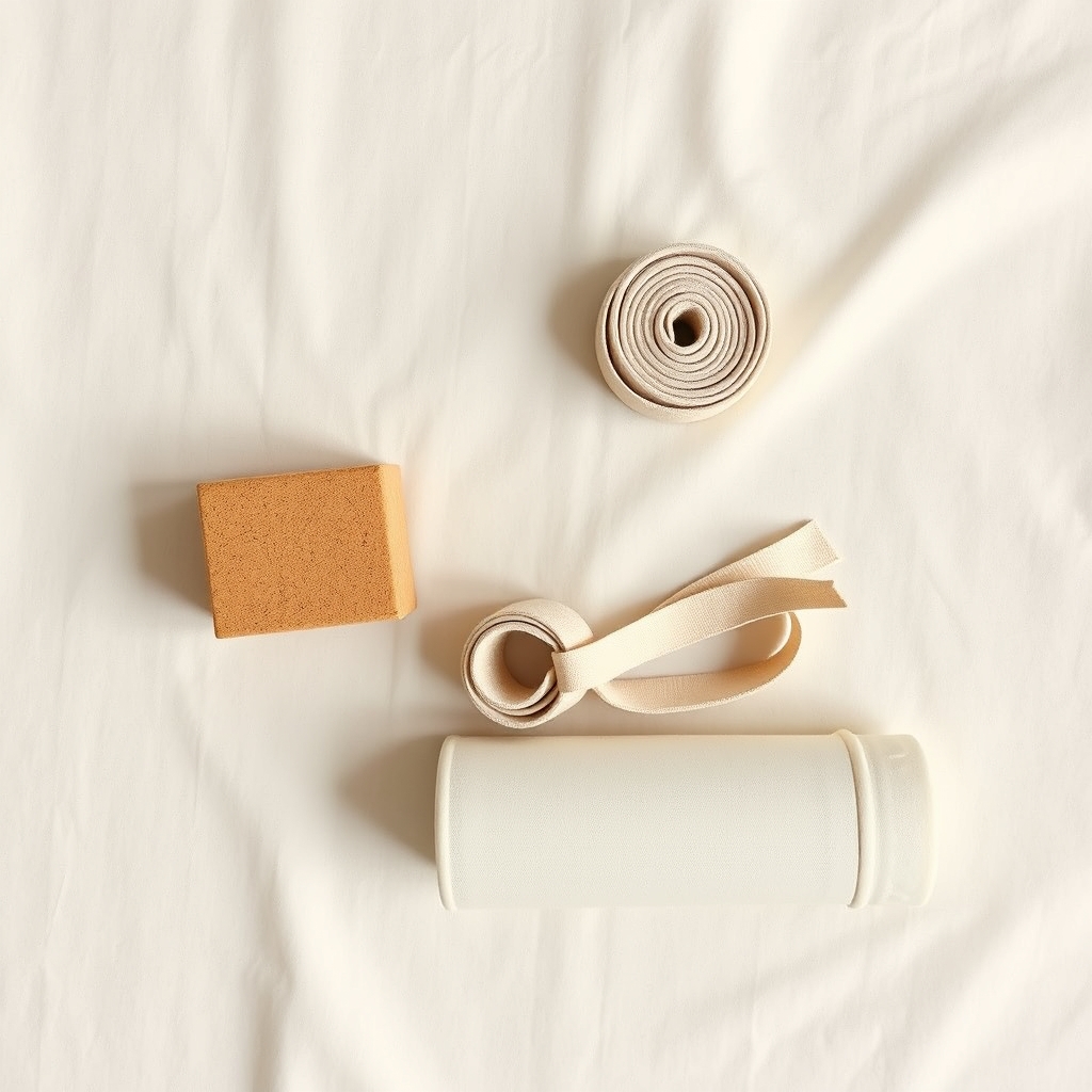 yoga props — Flat lay of beginner yoga props — foam block, cork block, cotton strap, and folded blanket — arranged on a linen surface with even spacing.
