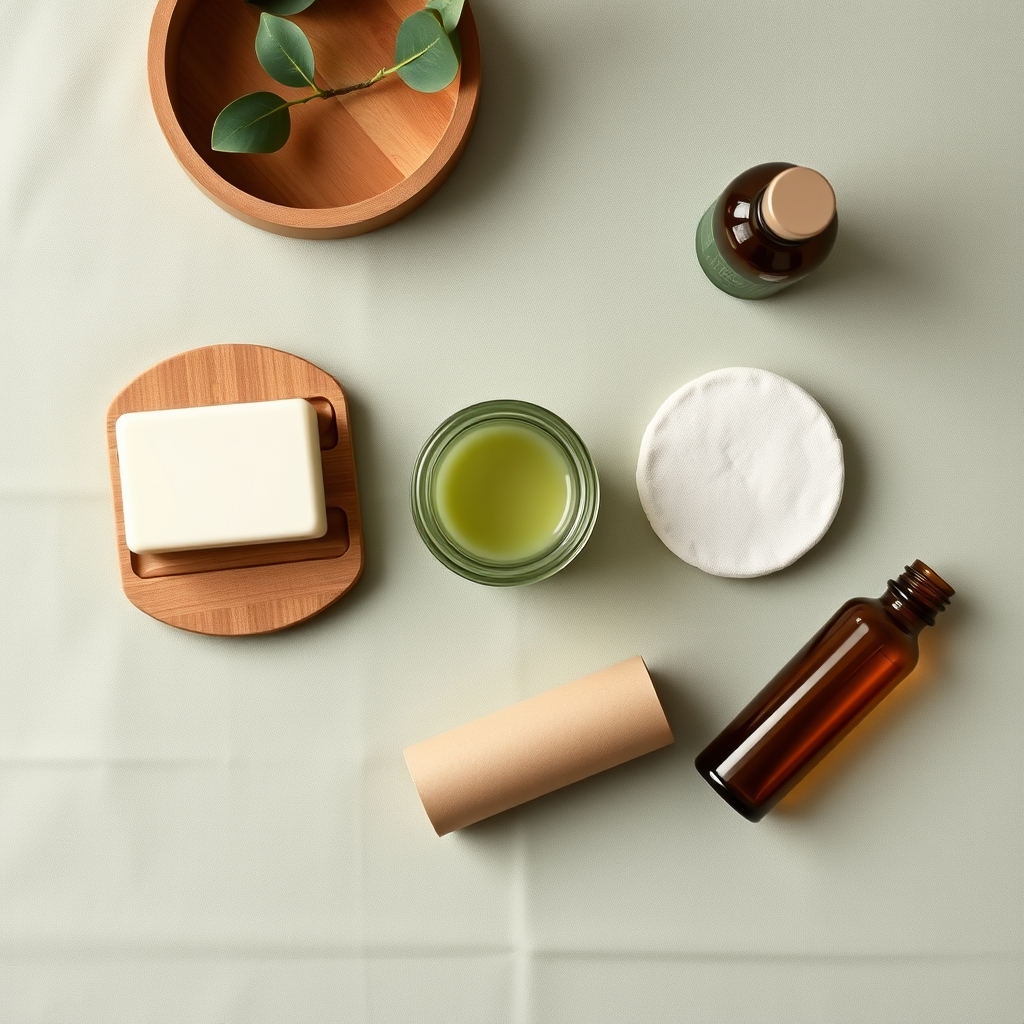 zero-waste beauty — Overhead flat-lay of zero-waste beauty products: solid shampoo bar, glass jar, cardboard tube, and compostable rounds on sage linen