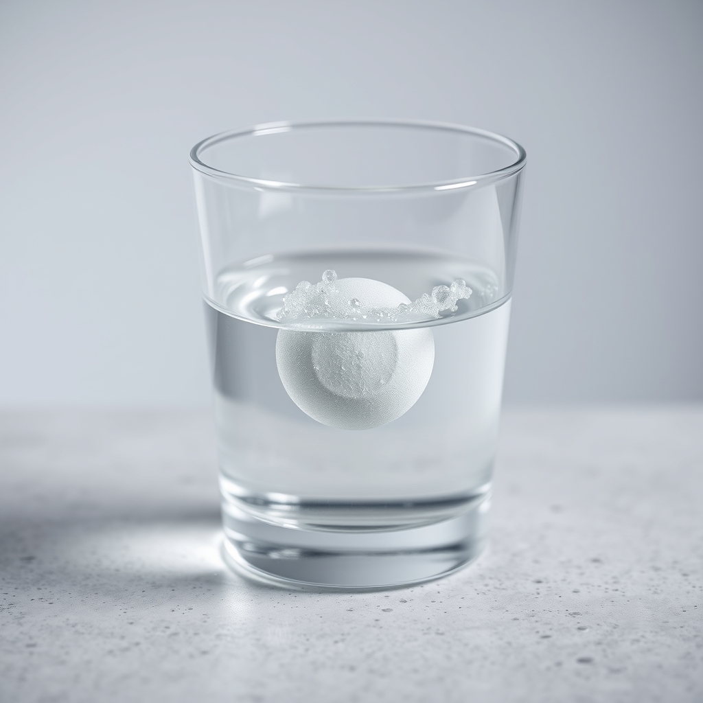 zinc supplements benefits — A zinc lozenge dissolving in a glass of water on a grey stone surface under soft studio lighting.