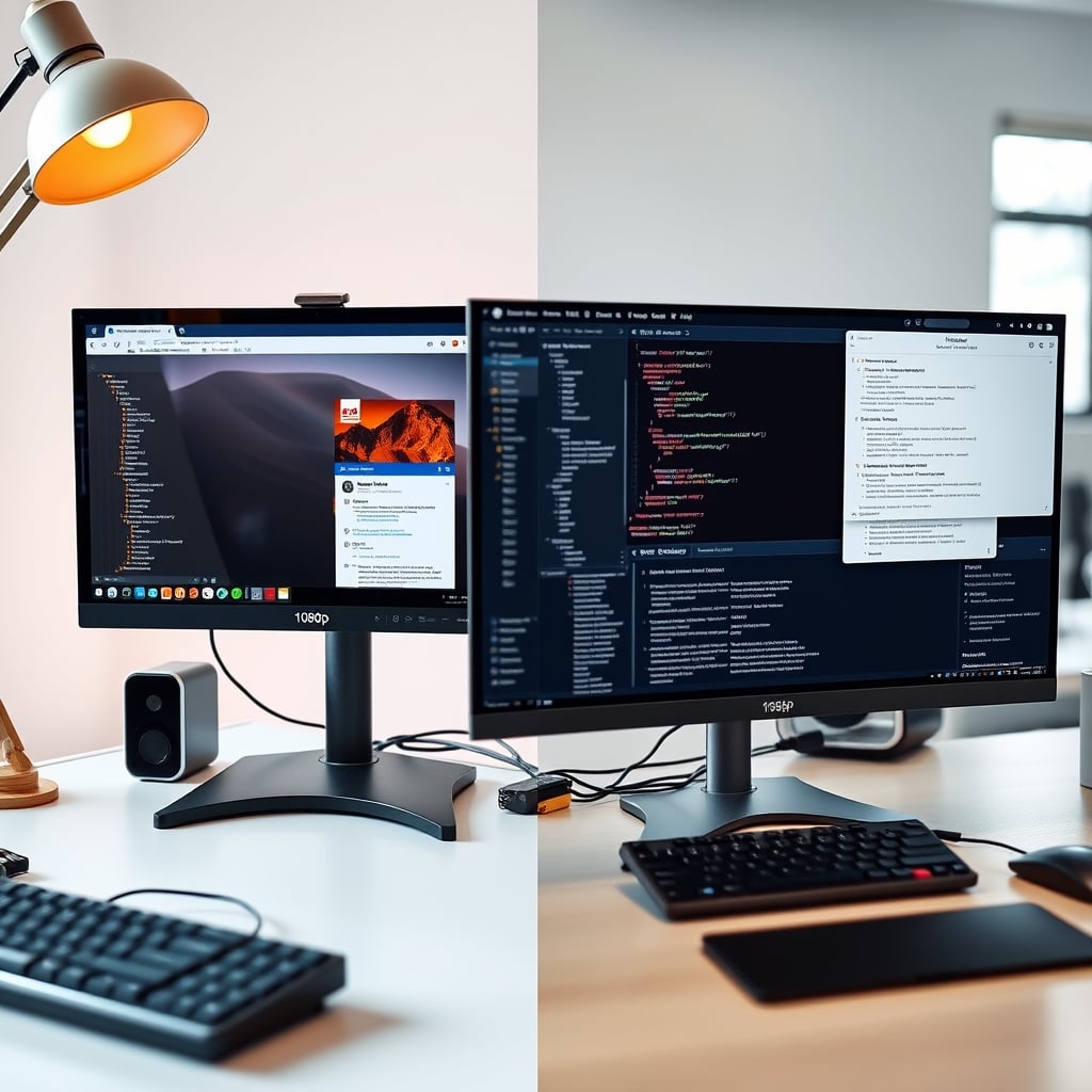 1080p vs 4K work — Two desk setups side by side: 1080p monitor shows one full-screen application, 4K monitor displays four applications simultaneously without overlap.