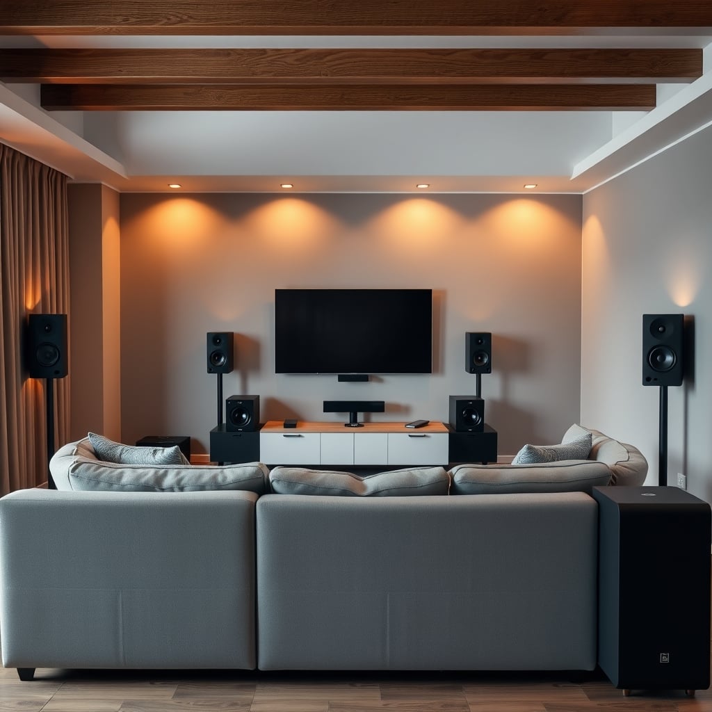 5.1 speakers — Home theater room showing 5.1 surround speaker placement around a central seating area with TV.