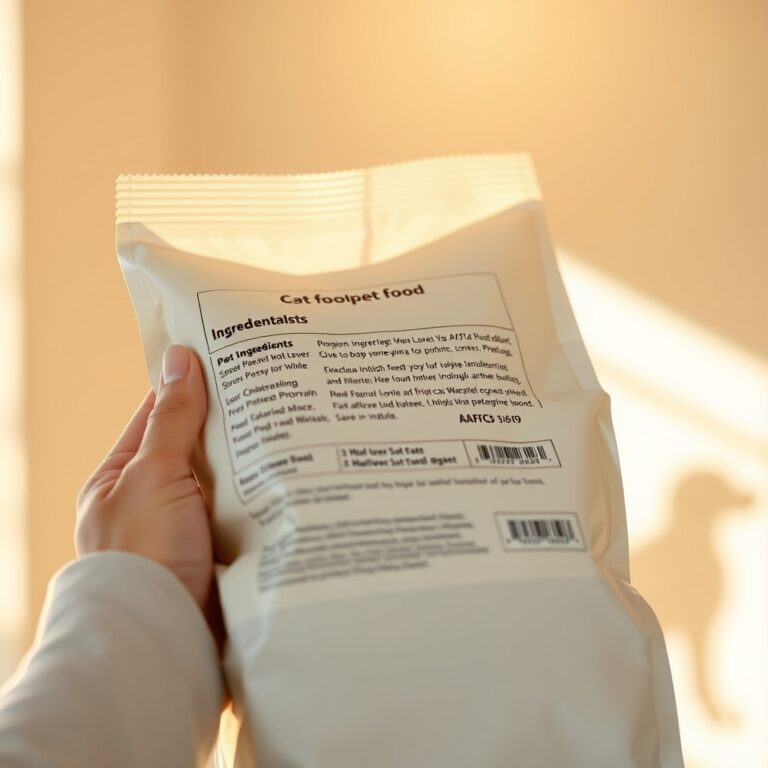 AAFCO certification meaning — Hands examining a pet food label in natural light, showing ingredient list and AAFCO statement clearly.