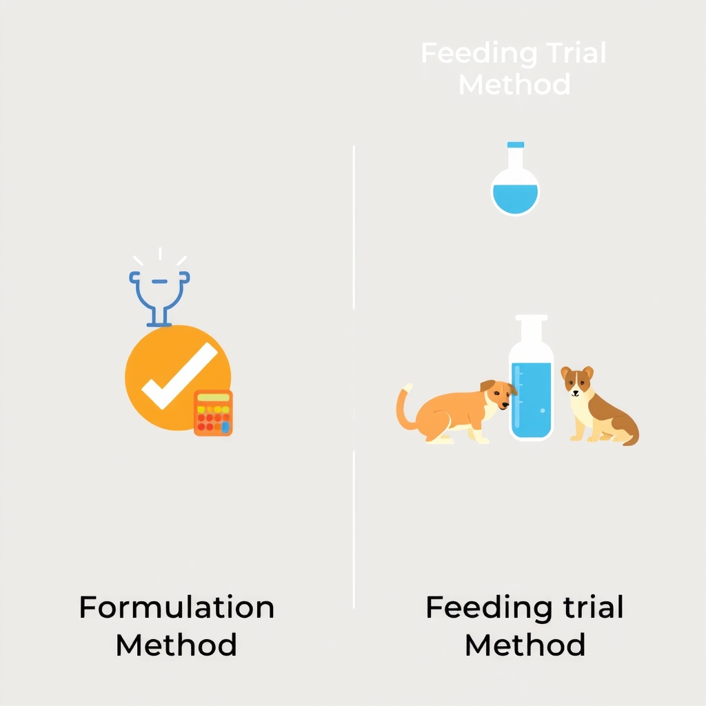 aafco certification pet food — Side-by-side comparison of formulation method versus feeding trial method for AAFCO compliance.