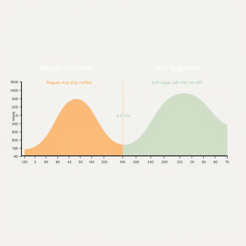 adaptogenic coffee brands — Side-by-side energy level curves over 4 hours comparing regular coffee spike-and-crash versus Four Sigmatic's steady curve