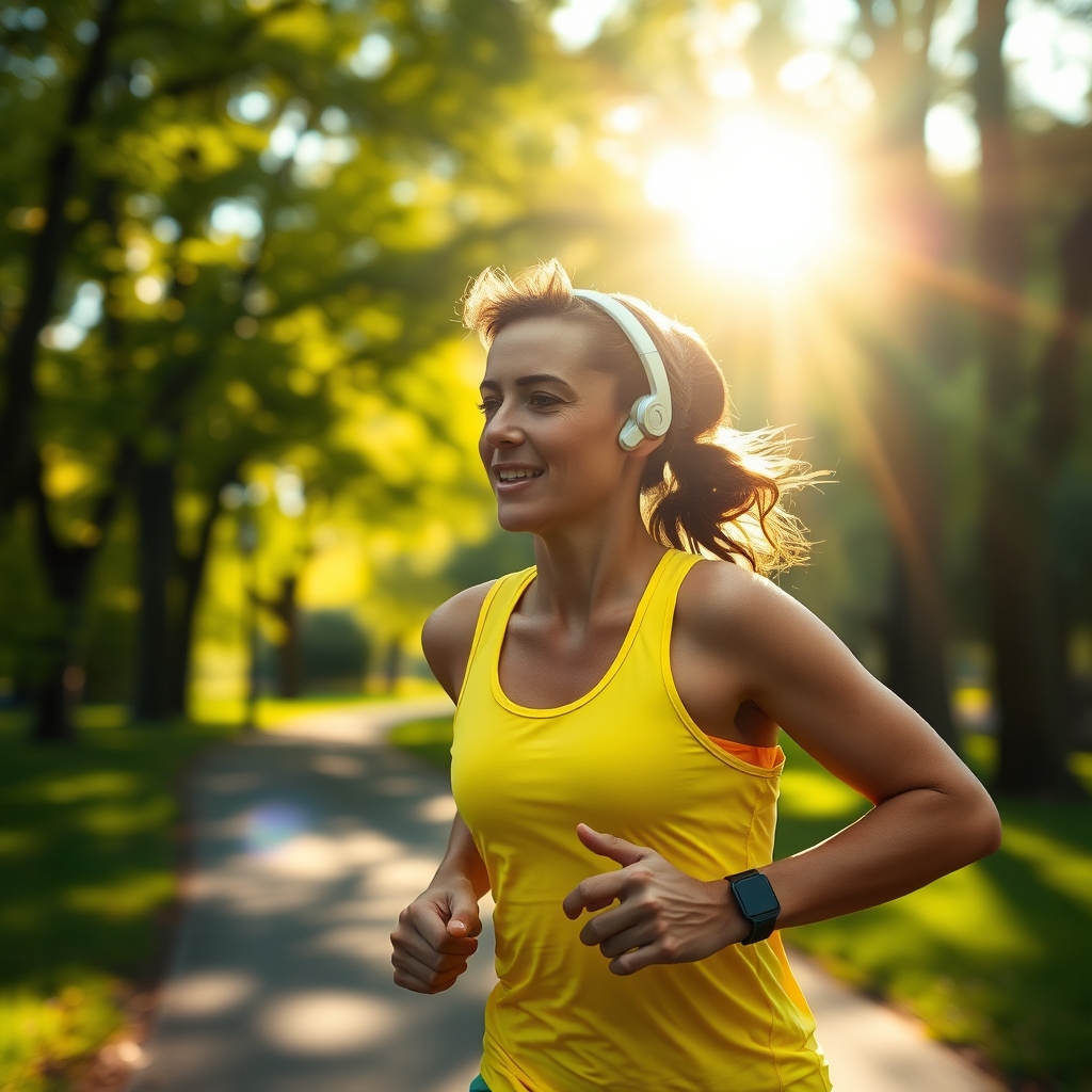 AfterShokz alternatives — Runner jogging outdoors wearing bone conduction headphones, sunlit park path visible in background.