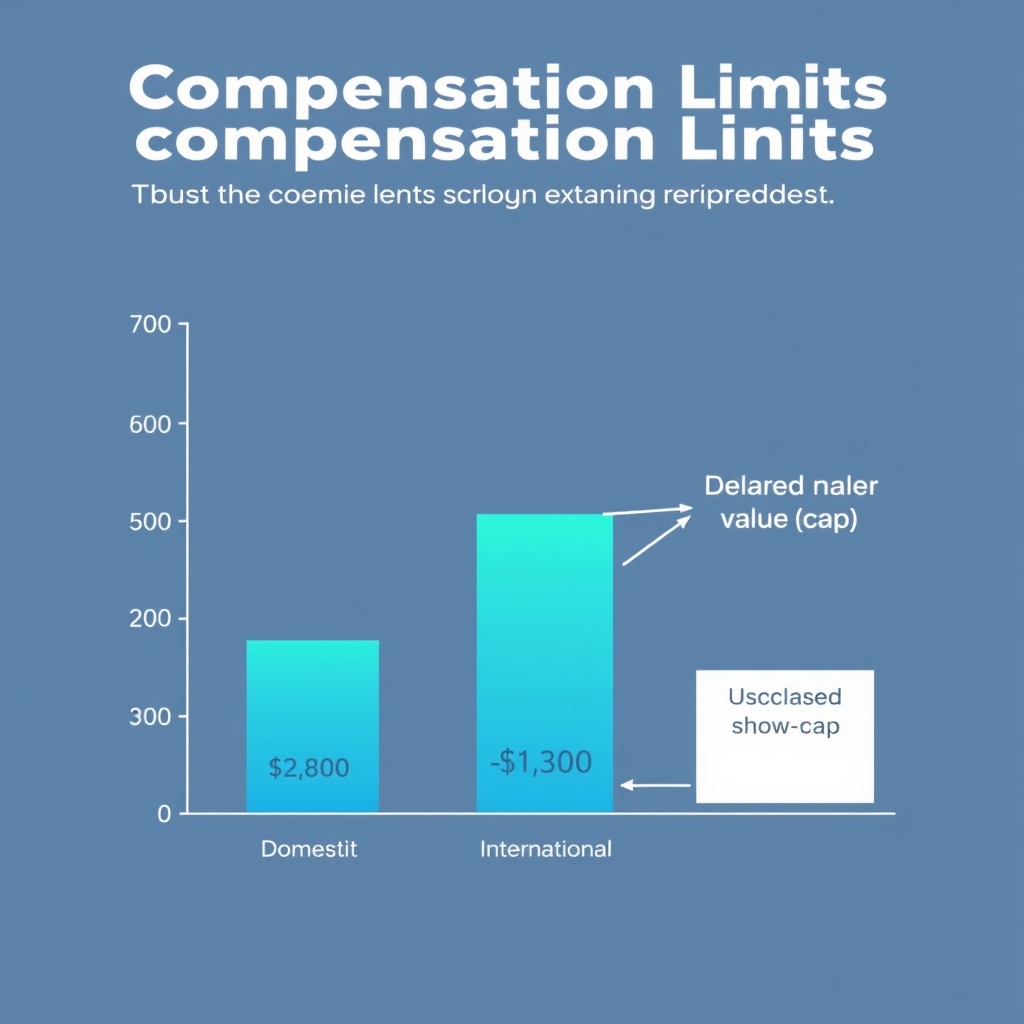 airline baggage claim process — Three horizontal bars showing compensation limit comparison: domestic, international, and declared value options increasing in height.