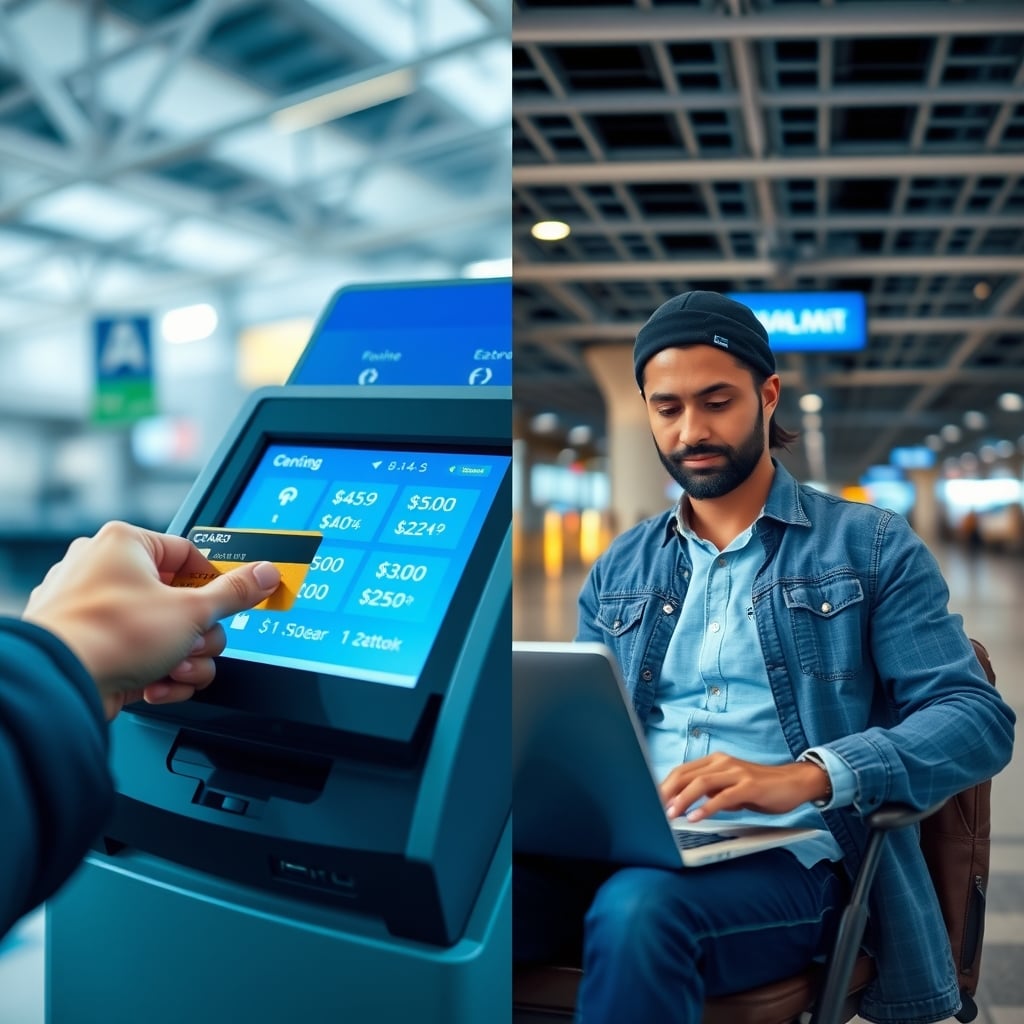 airline hidden fees explained — Split image of airline booking confusion versus informed booking decision at airport checkout.