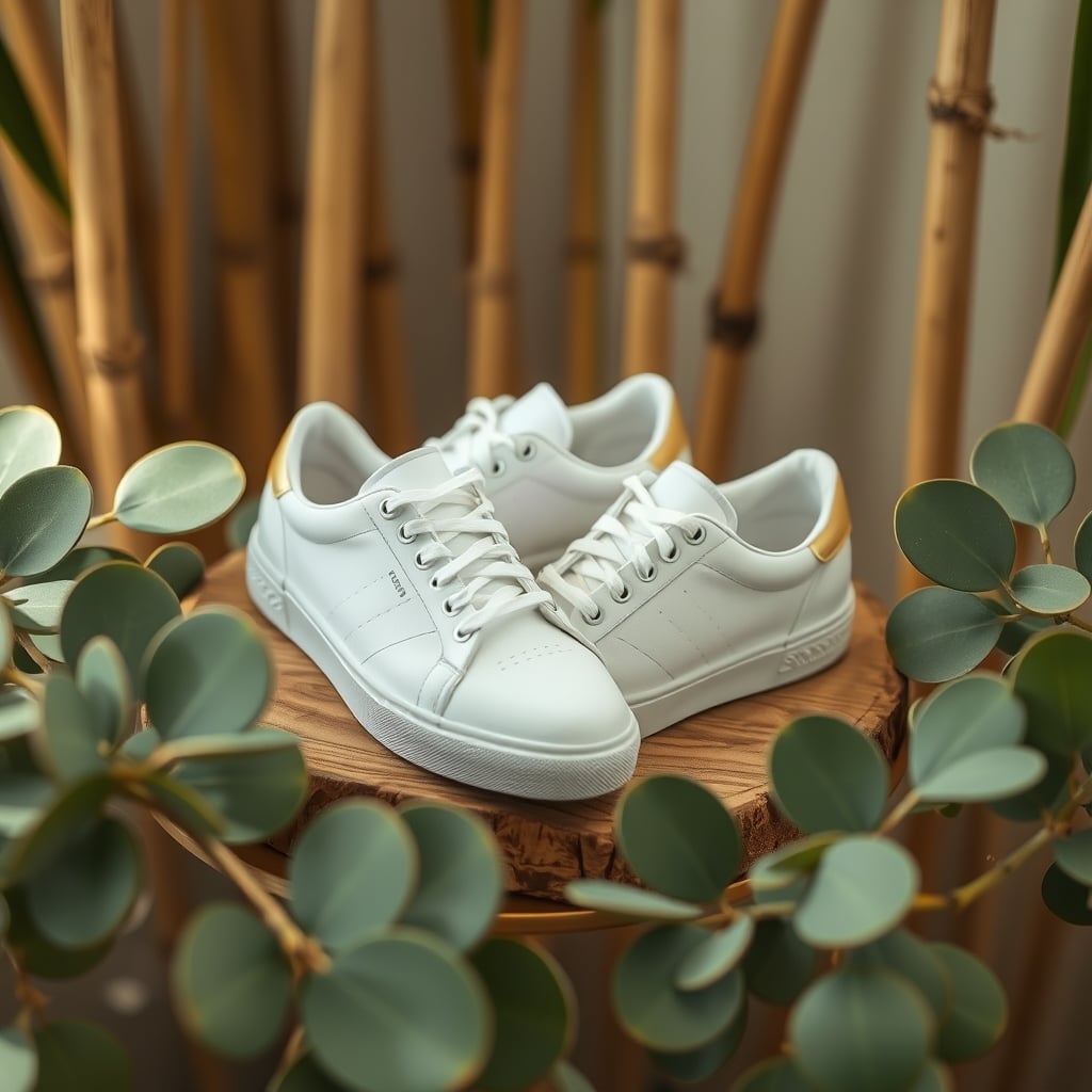 allbirds tree runners review — Allbirds Tree Runner sneakers displayed with natural materials like eucalyptus leaves and sugarcane.