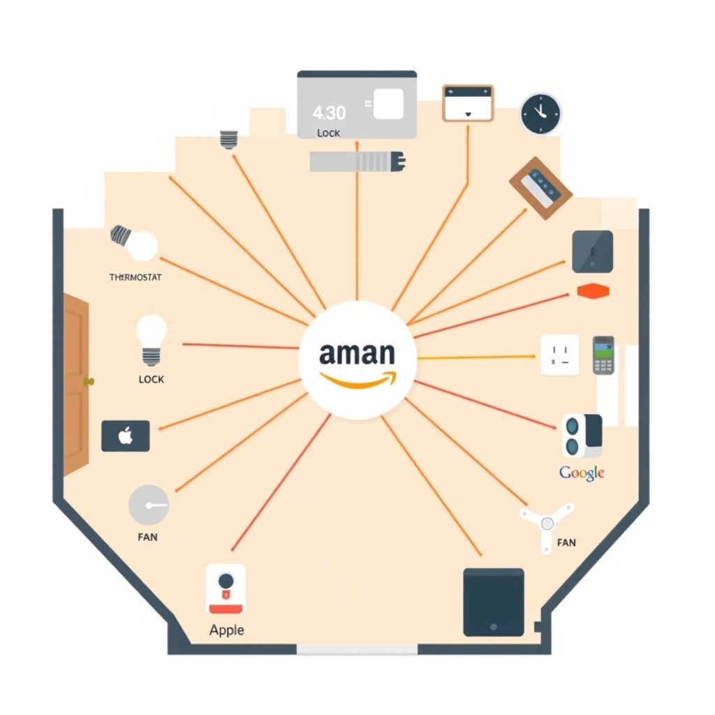 Amazon Echo vs Google Home — Home floor plan diagram showing smart devices connected to Alexa hub, illustrating ecosystem compatibility breadth.