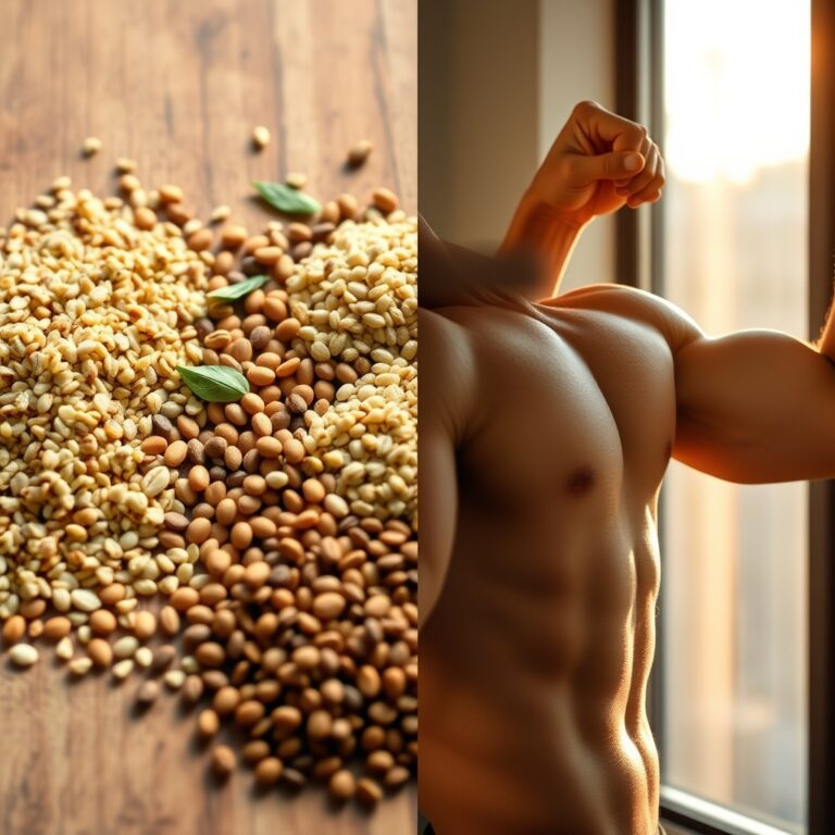 amino acid profile — Plant-based proteins and a muscled arm side-by-side, illustrating complete plant protein for muscle building