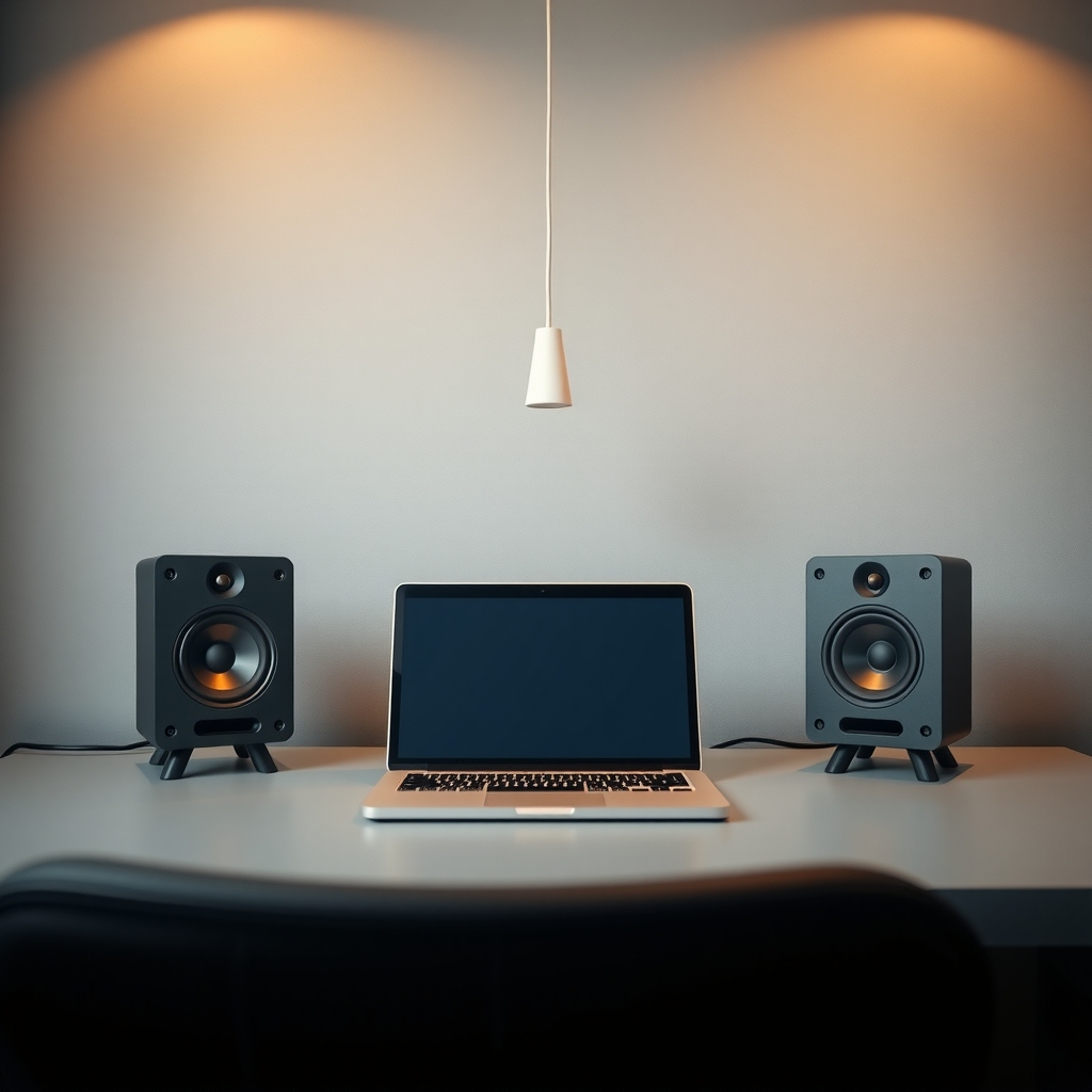 amplified speakers — Two powered speakers positioned on either side of a laptop on a clean studio desk with soft overhead lighting.
