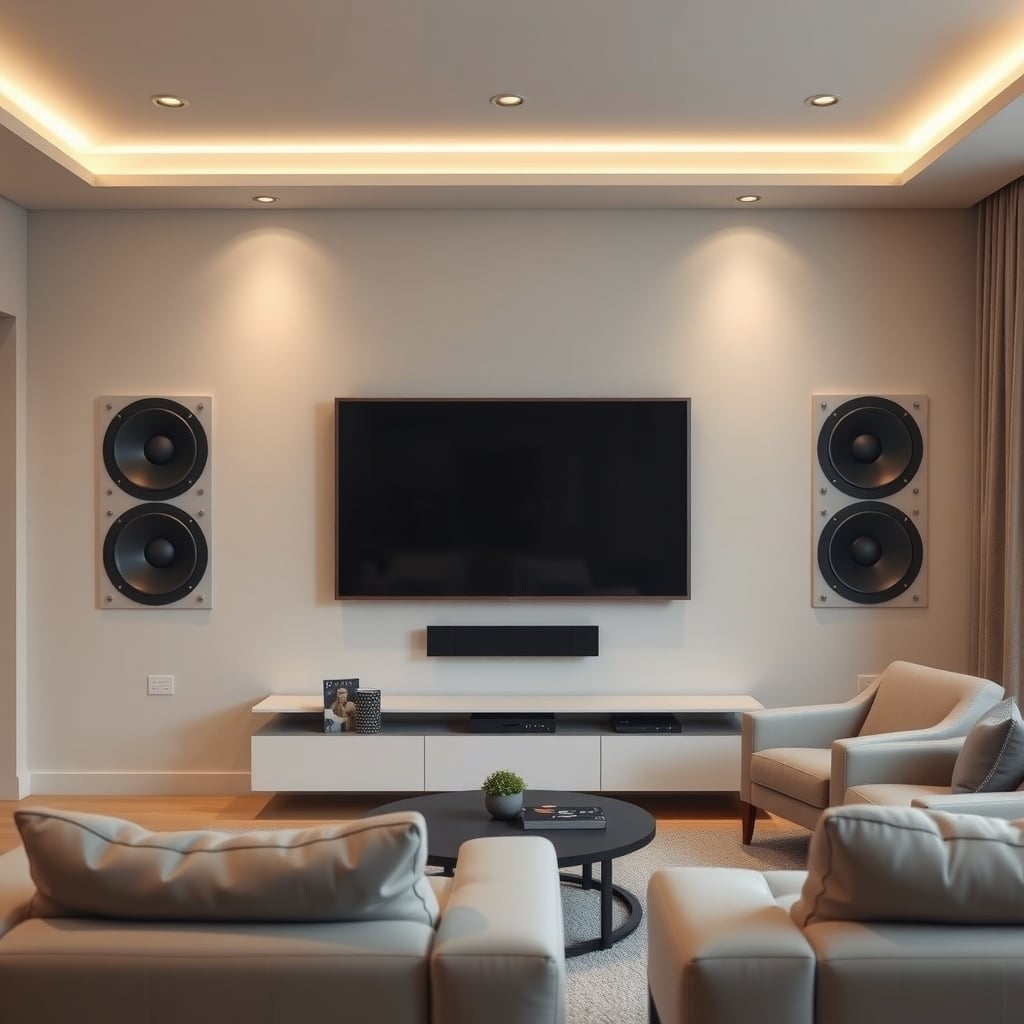 architectural speakers — In-wall speakers installed flush in a modern living room, invisible against neutral drywall beside a flat-screen TV.