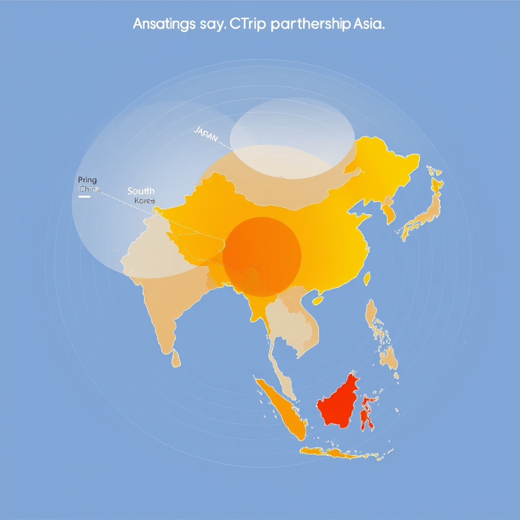 Asia hotel sites — Heat map of Asia showing Ctrip's geographic strength strongest in mainland China and Southeast Asia, weakening toward Japan and South Korea.