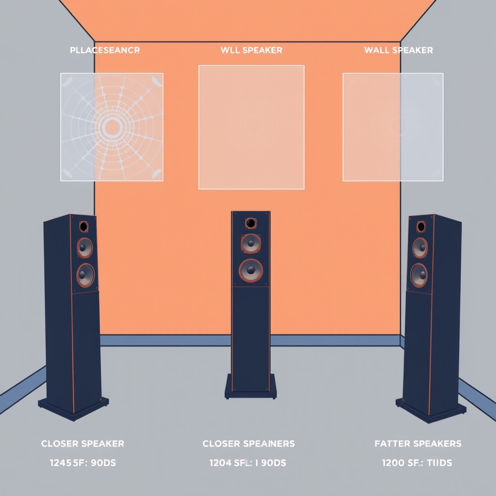audiophile speakers — Illustration showing three speaker placement variations in a room with different wall distances