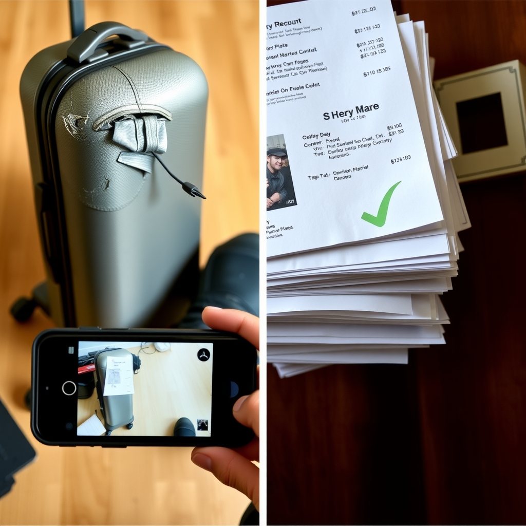 baggage damage claim — Side-by-side comparison of damaged luggage photographed from multiple angles and organized claim documentation with checkmark.