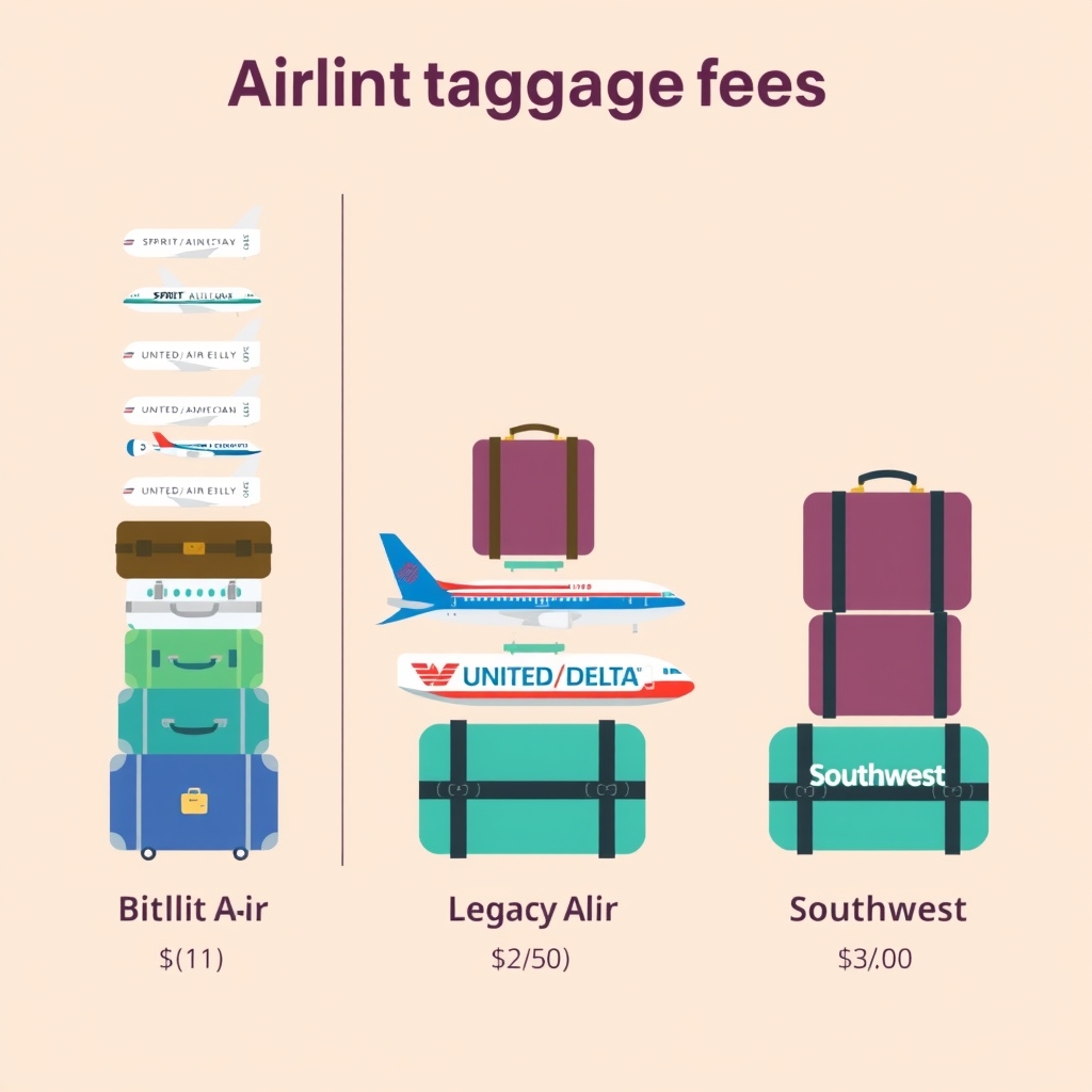 baggage fees comparison — Visual comparison of baggage fee structures across airline types shown as stacked bag icons.
