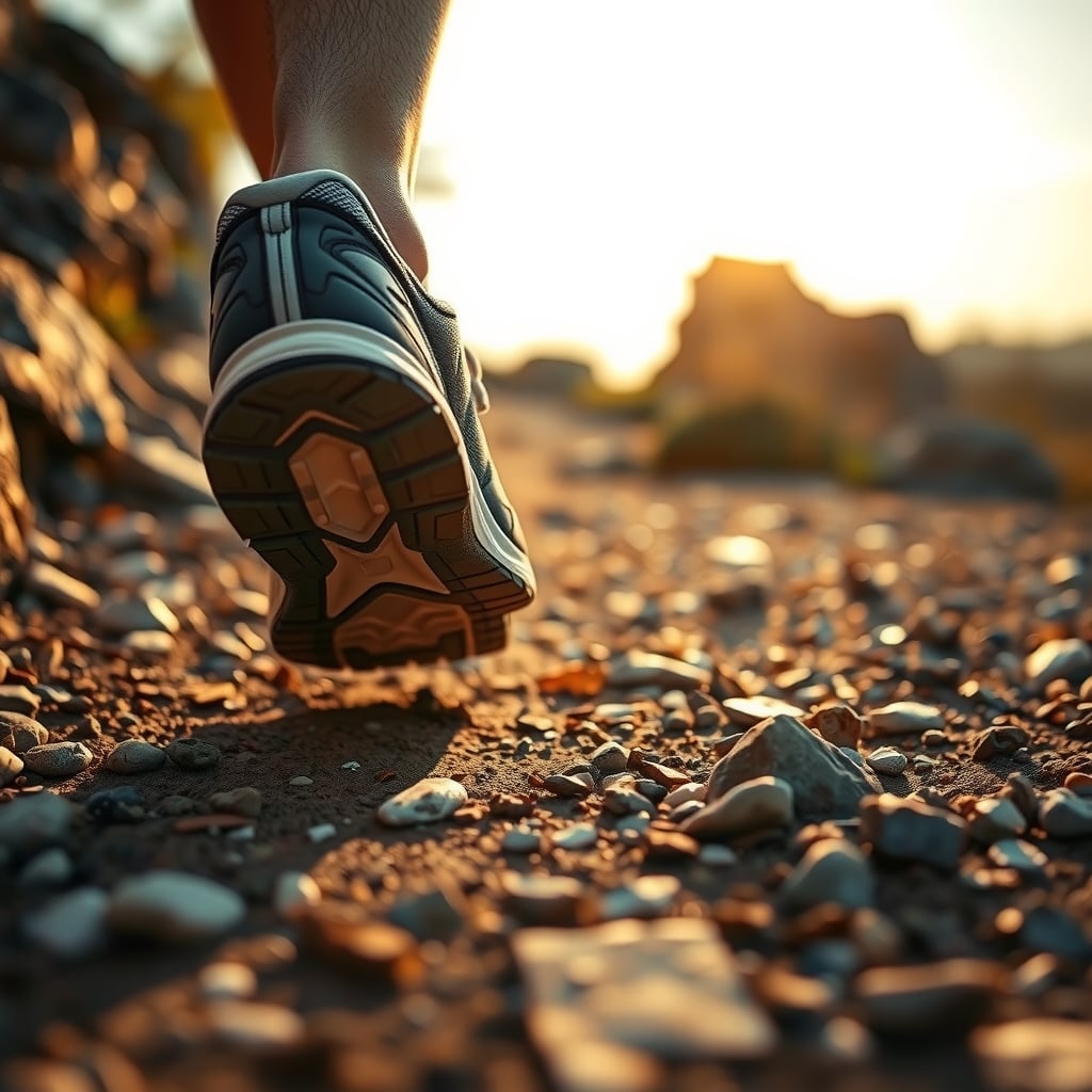 barefoot running shoes — Close-up of a minimalist running shoe in ground contact on rocky terrain during a trail run.