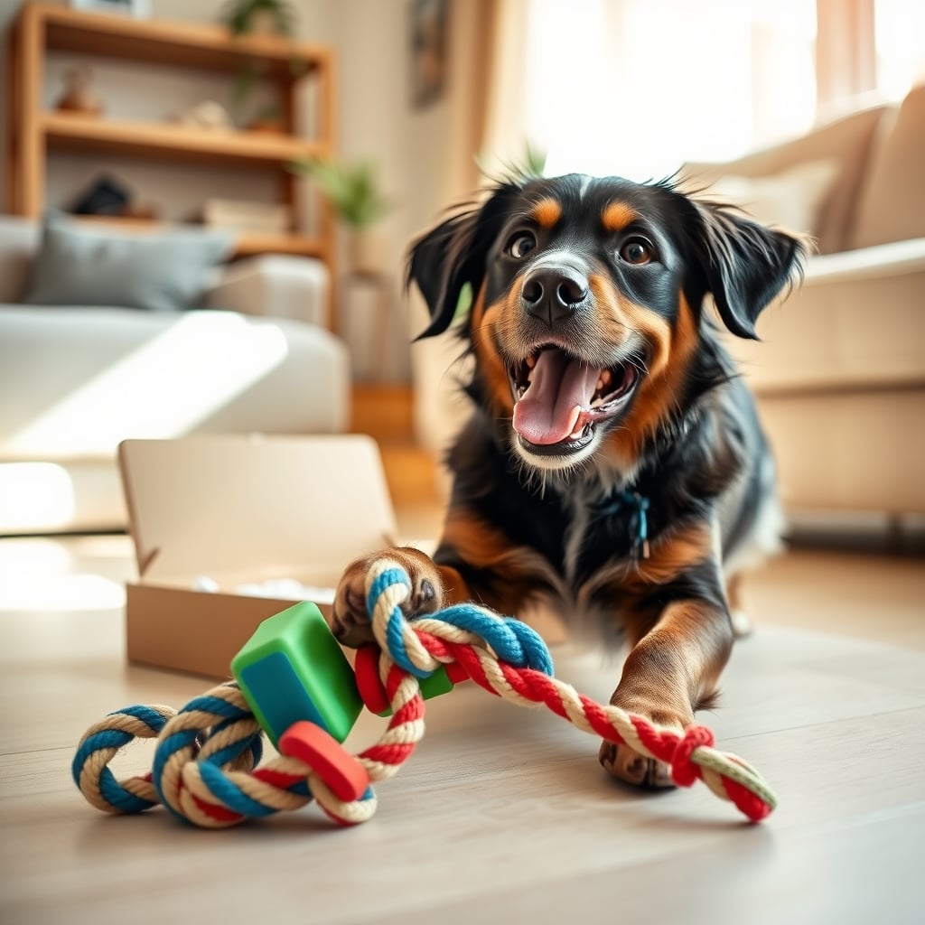 BarkBox vs competitors — Dog playing with toys next to an open BarkBox subscription box in a bright living room
