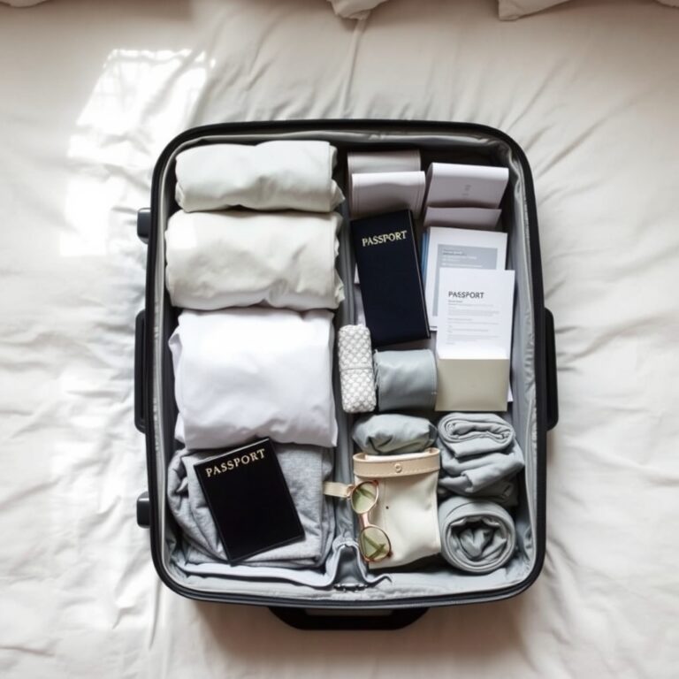 beach packing list — An open suitcase with organized packing cubes, rolled clothes, passport, and travel essentials arranged neatly on a bed.