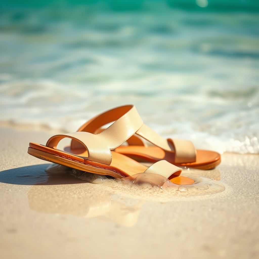 beach sandals — Minimalist beach sandal on wet sand with seawater streaming off the drainage-optimized sole.