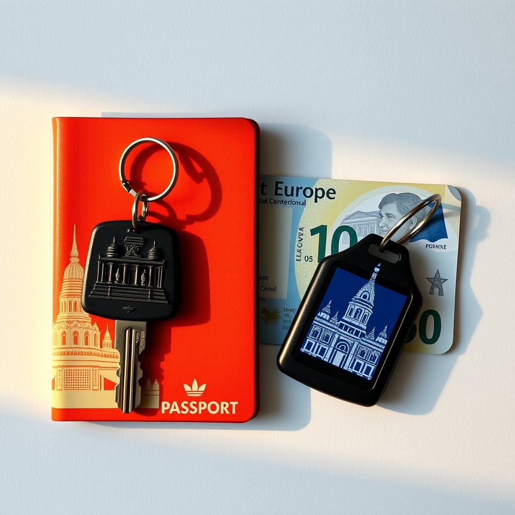 best agoda hotels — Split-screen flat lay comparing Asian and Western hotel booking scenarios with keys and currency.