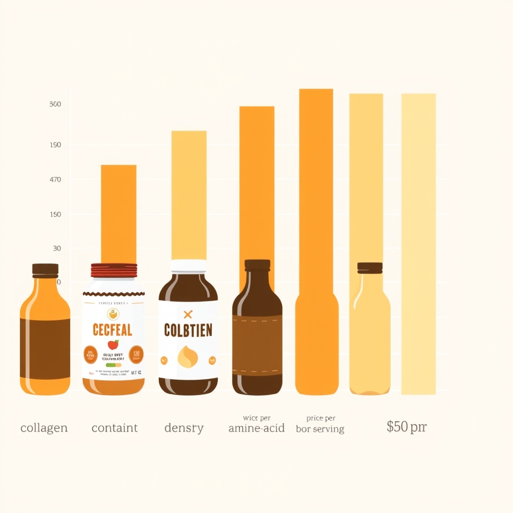 best bone broth brand — Three bar chart comparisons showing relative collagen content, amino acid density, and cost per serving across six unnamed bone broth products using warm earth tones.