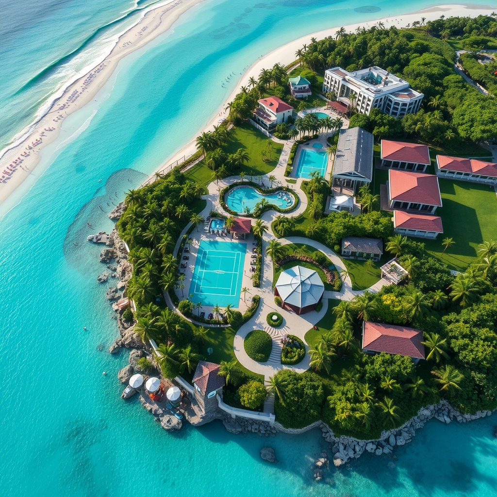 best Club Med destinations — Aerial view of a full all-inclusive resort with beach, pools, and activity areas visible throughout the property.