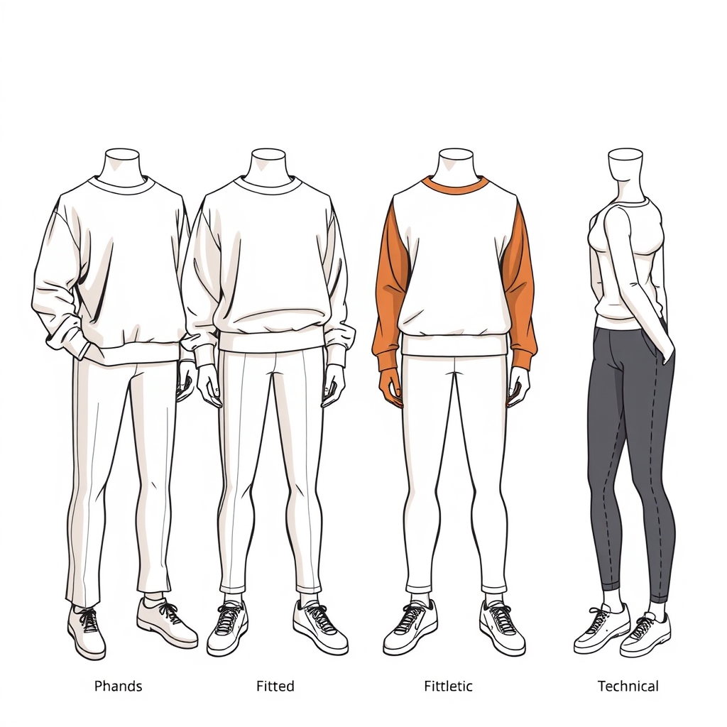 best comfort fashion brands — Four dress form silhouettes showing progression from relaxed to fitted sweatshirt styles