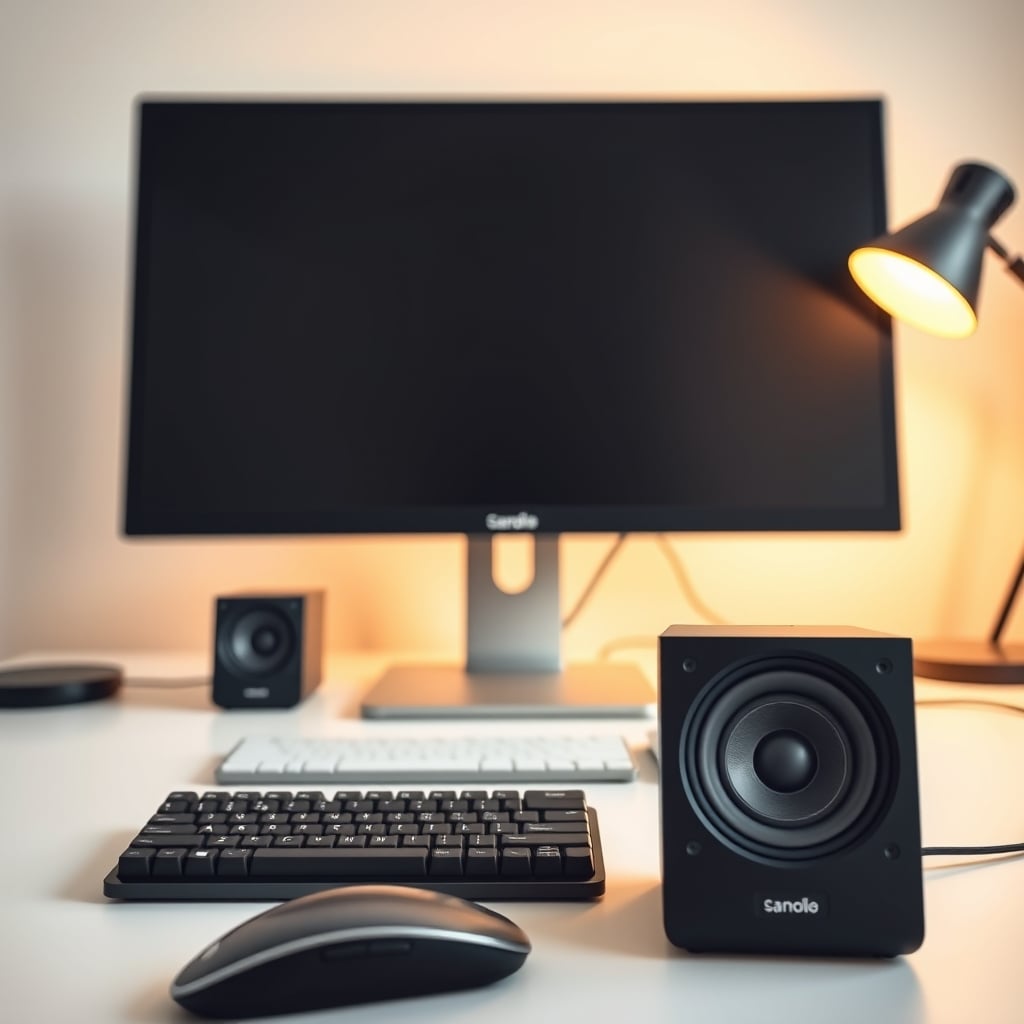 best computer speakers — Compact desktop speakers positioned on either side of a computer monitor in a professional workspace.