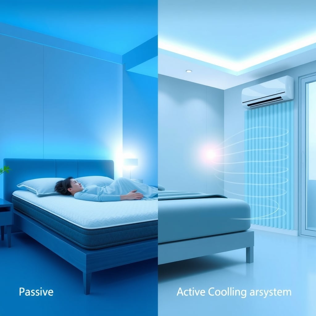 best cooling mattress — Split-screen bedroom comparison showing gel-infused cooling on left versus air-flow cooling system on right with cooling visualization.
