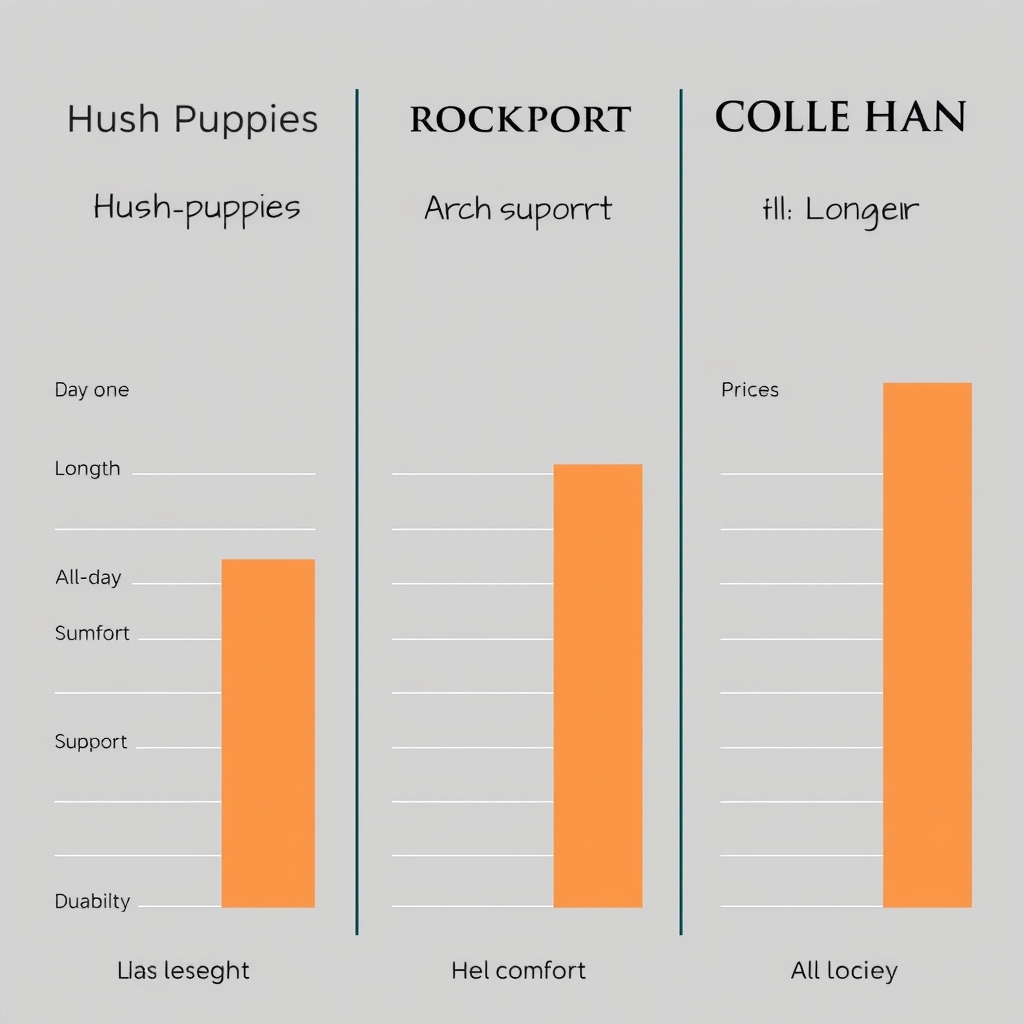 best Hush Puppies styles — Bar chart comparing Hush Puppies, Rockport, and Cole Haan across comfort, arch support, durability, and price dimensions.