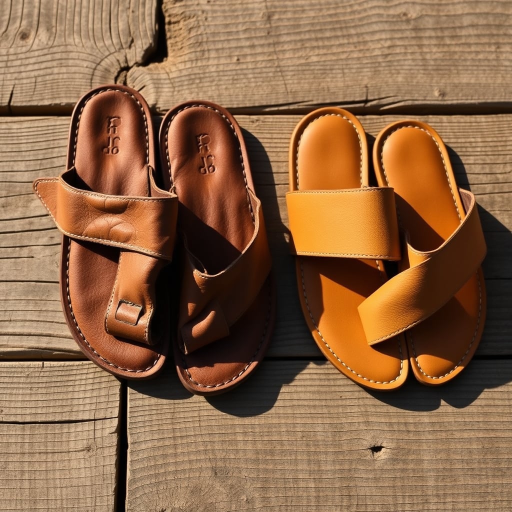 best leather sandals — Two leather sandals side by side showing aging patina and fresh finish, demonstrating durability over time.