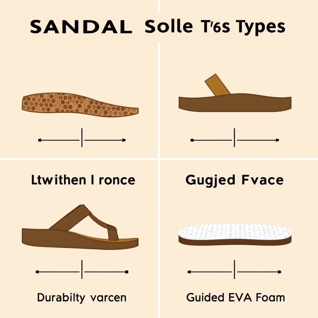 best leather sandals men — Comparison of four sandal sole construction types showing cork, leather-wrapped cork, stitched rubber, and EVA foam durability profiles.