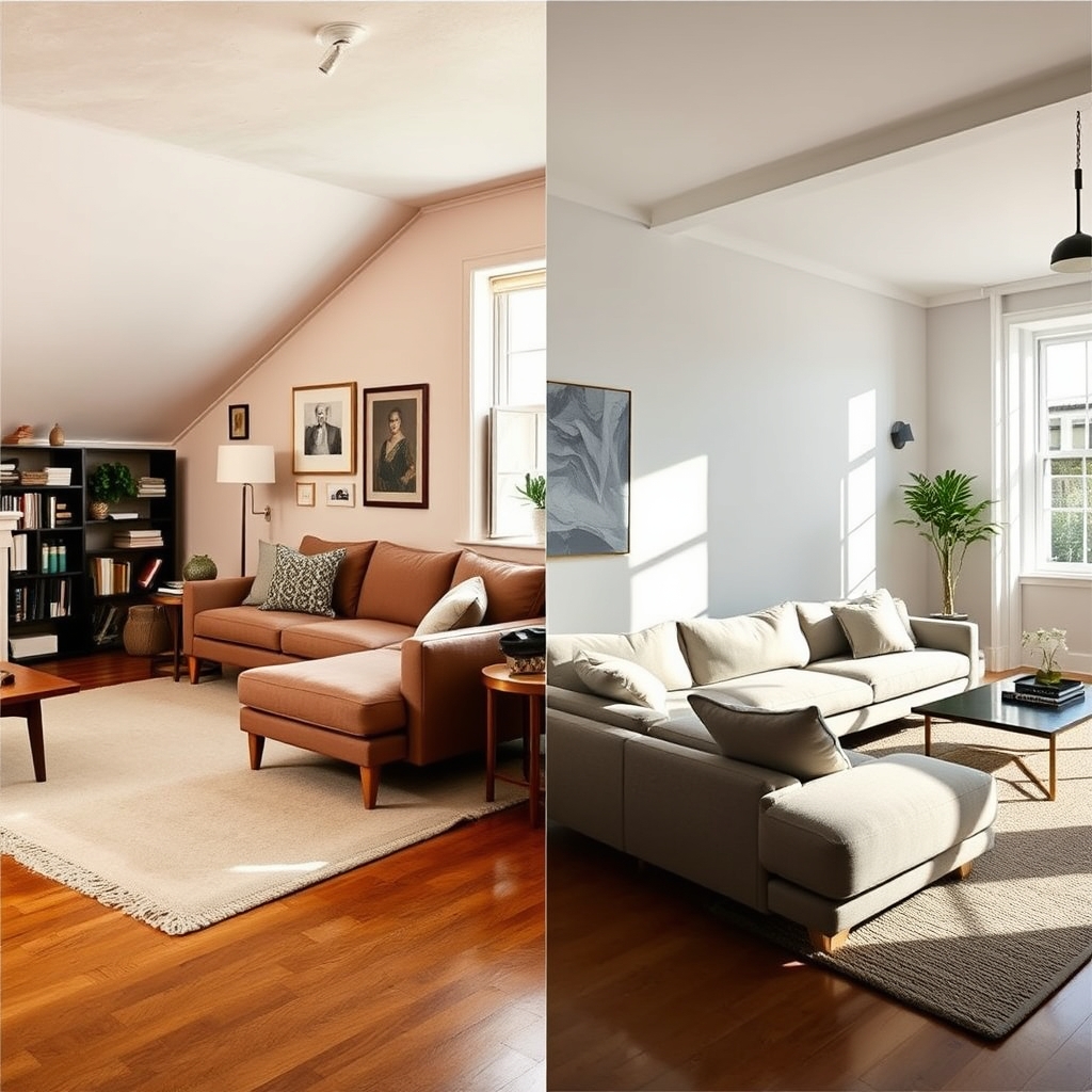 best modular sofa brands — Two living room scenes: one with a custom-fitted sectional in an unconventional space, one with a standard sectional in a modern apartment.