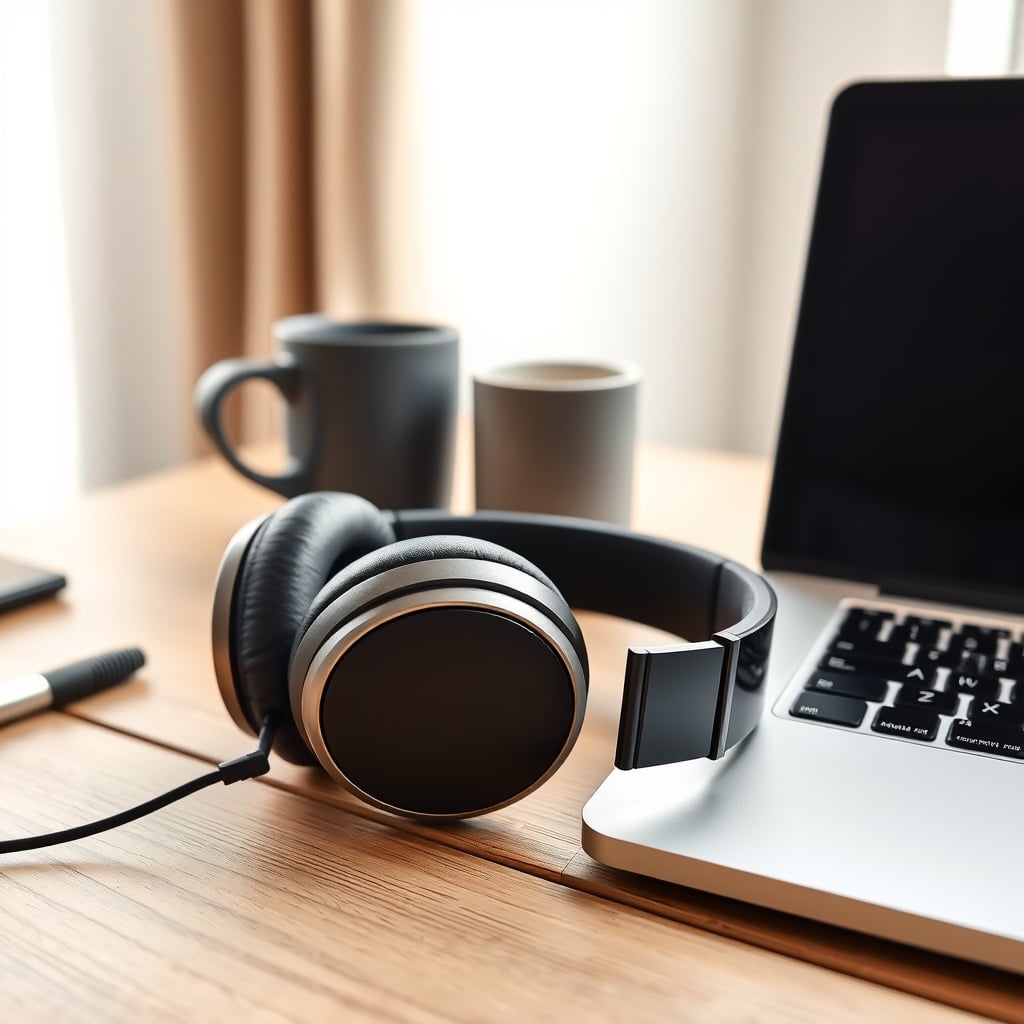 best over-ear headphones — Over-ear headphones displayed on a work desk with laptop and coffee, shot in natural window light.