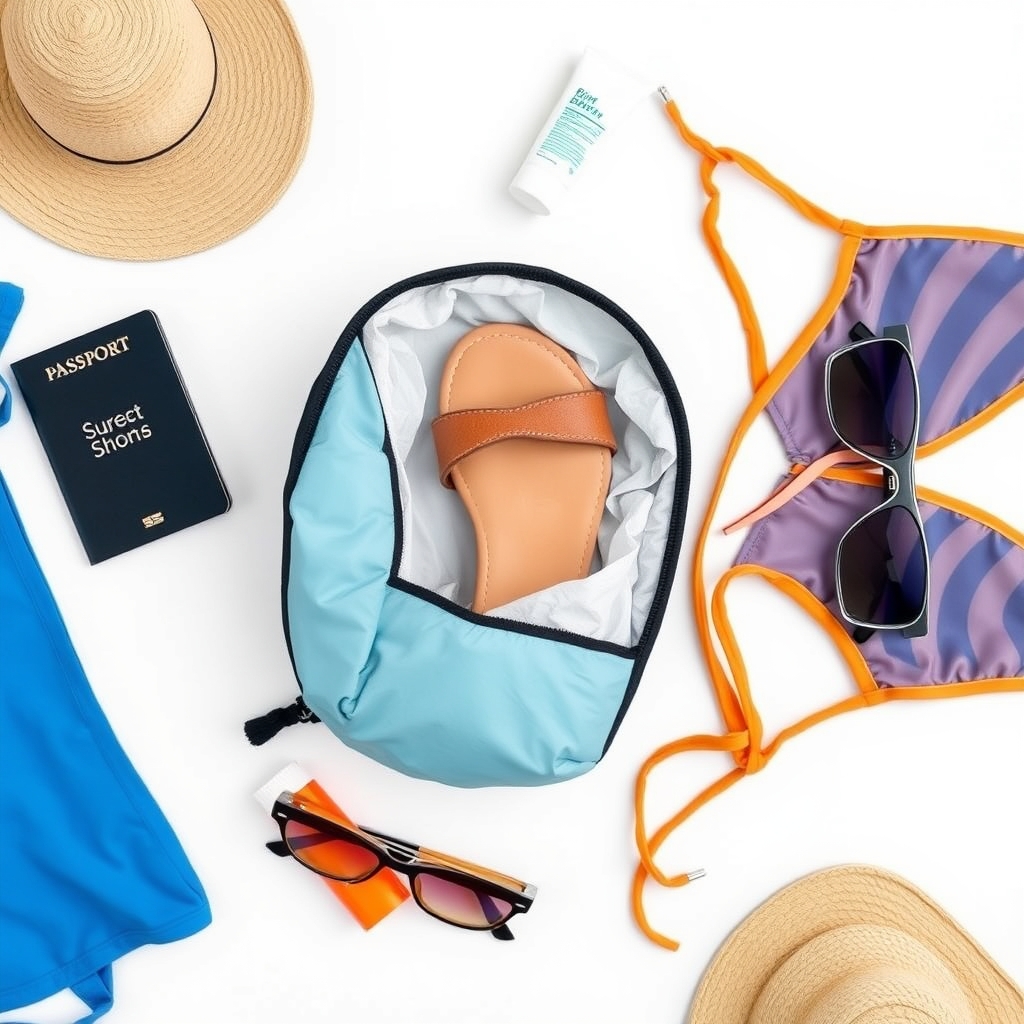 best sandals for beach vacations — Folded beach sandal packed into a small travel cube alongside other vacation essentials.