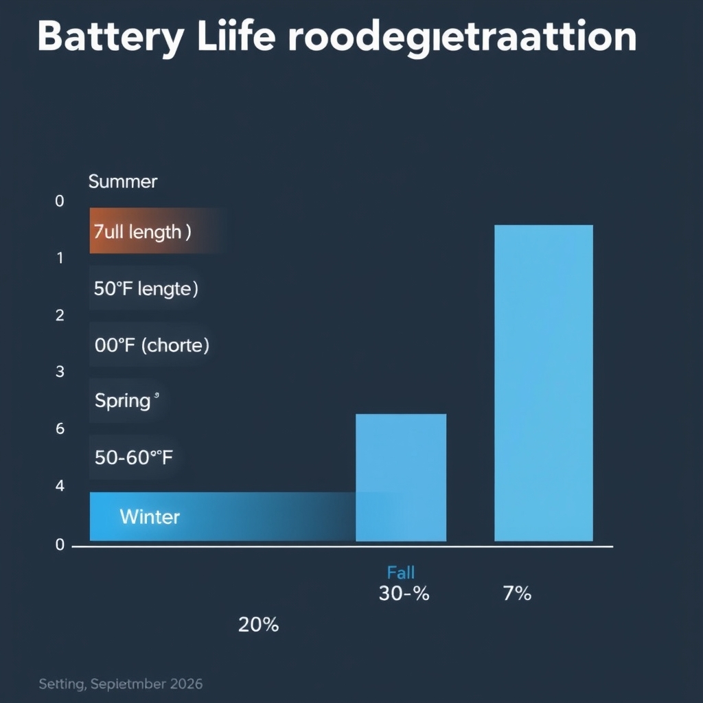 best smart pet collar 2026 — Bar chart showing battery life declining from 8–9 days in summer/fall to 5–6 days in winter temperatures.