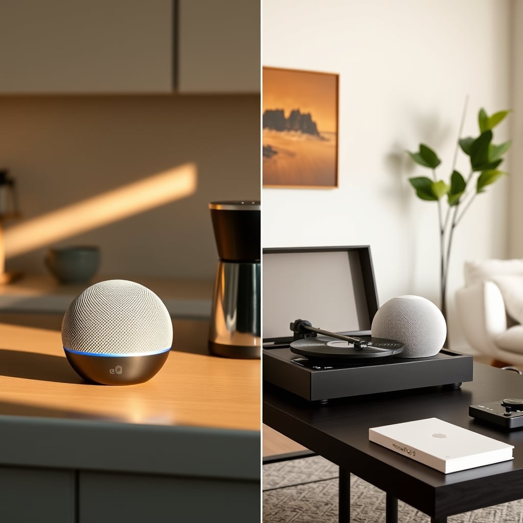 best smart speakers — Side-by-side lifestyle photos of Echo Dot in a kitchen and HomePod 2 in a living room, each in its typical setting.