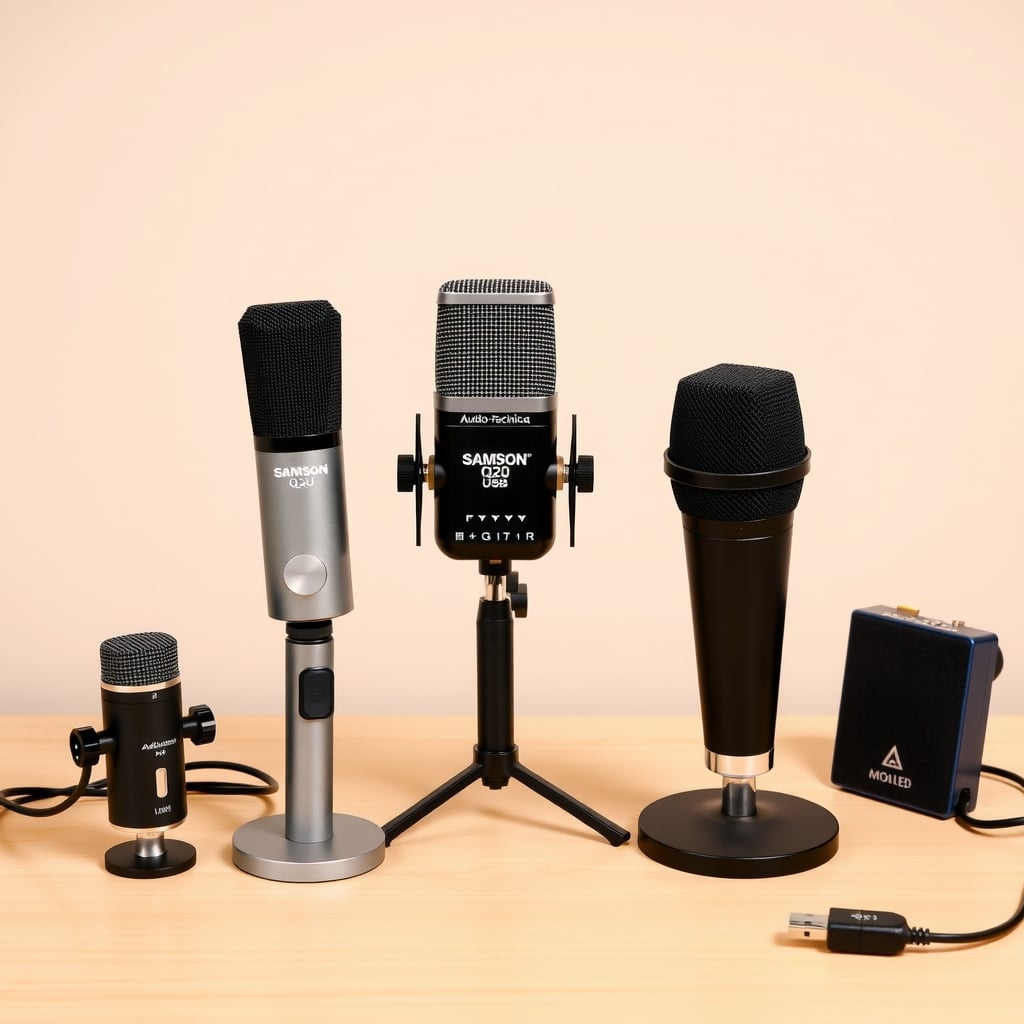 best USB microphones — Four USB microphones arranged by relative size from smallest to largest on a desk.