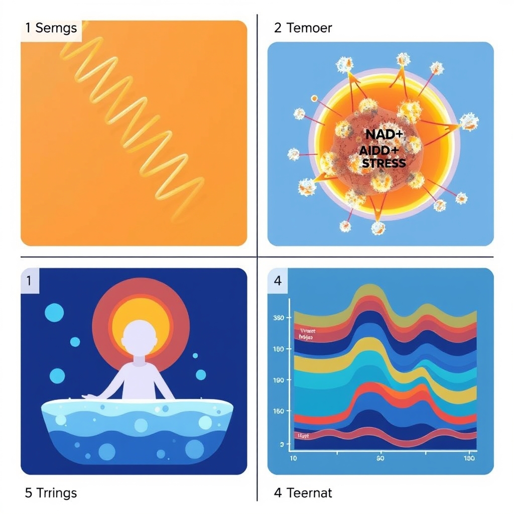 biohacking trend — Four-panel visual guide to genetic testing, NAD+ supplementation, cold therapy, and sleep optimization trends