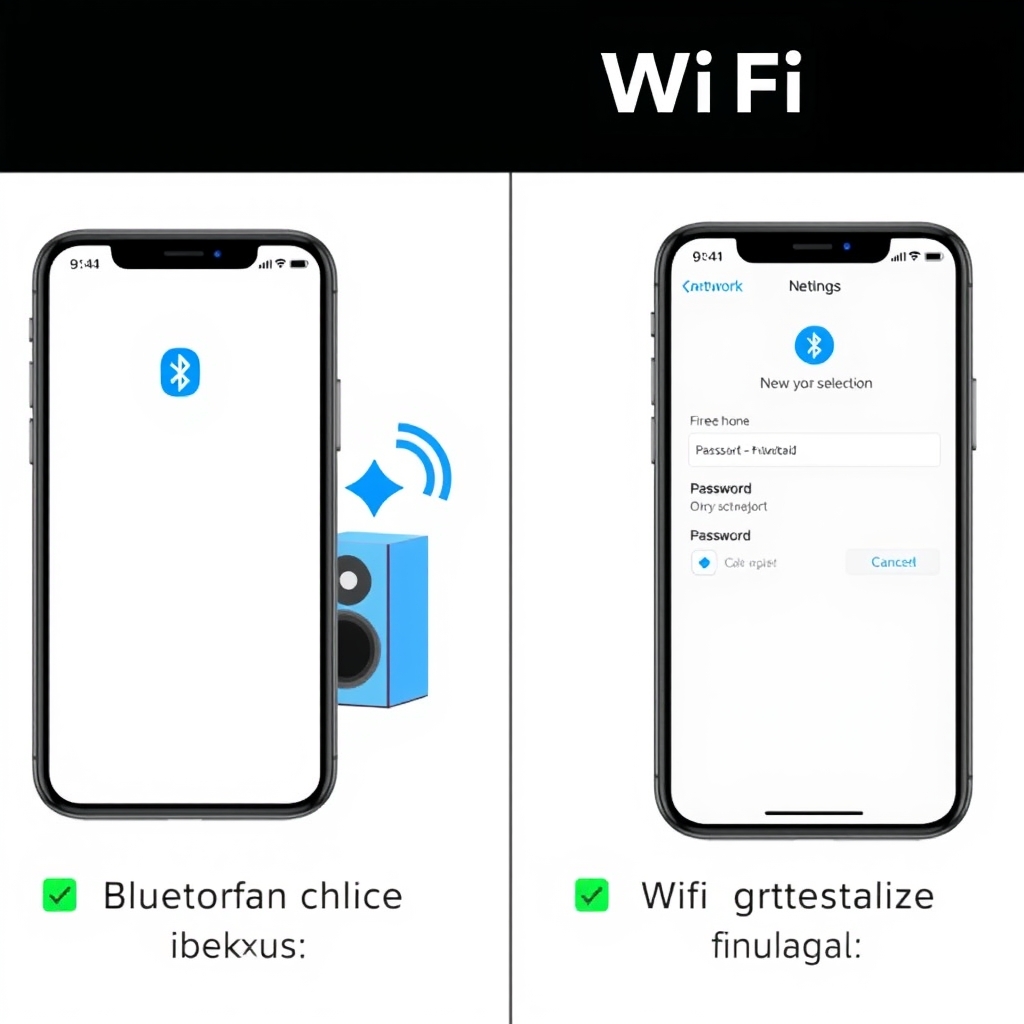 bluetooth pairing — Side-by-side comparison of Bluetooth pairing versus WiFi setup workflows on smartphone screens.