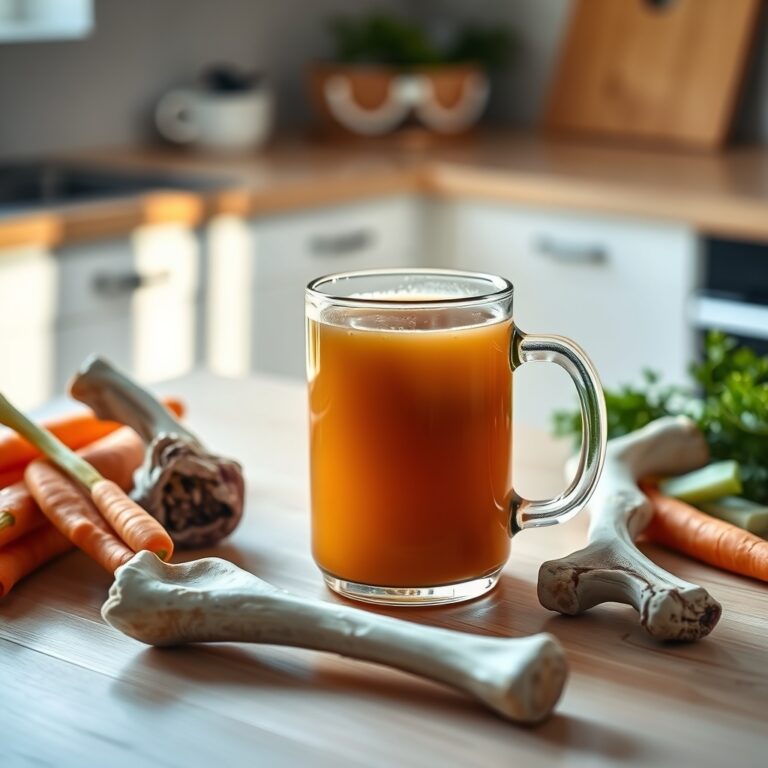 bone broth collagen content — A glass mug of golden bone broth surrounded by raw beef bones and fresh vegetables on a wooden table with warm sunlight.