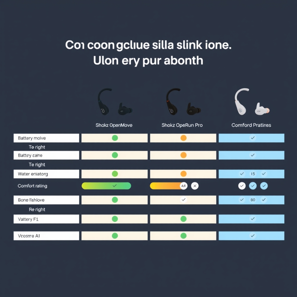 bone conduction headphones — Visual comparison of four bone conduction headphone models using proportional bars and icons for battery, weight, water resistance, and comfort.