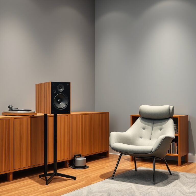 bookshelf speakers — A well-appointed listening room with passive bookshelf speakers, amplifier, and comfortable seating arranged for critical listening.