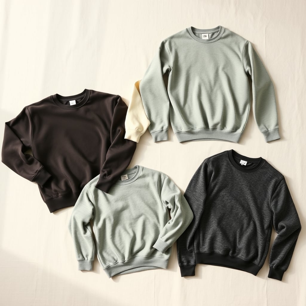 boutique athletic wear comparison — Four sweatshirts in different styles and fits arranged side by side on a light linen surface