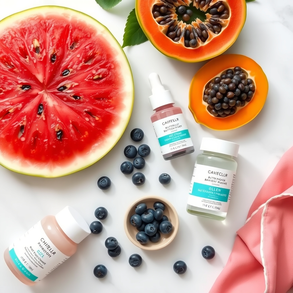 brightening skincare products — Flat lay arrangement of fresh fruits and Glow Recipe skincare bottles on white marble with natural lighting.
