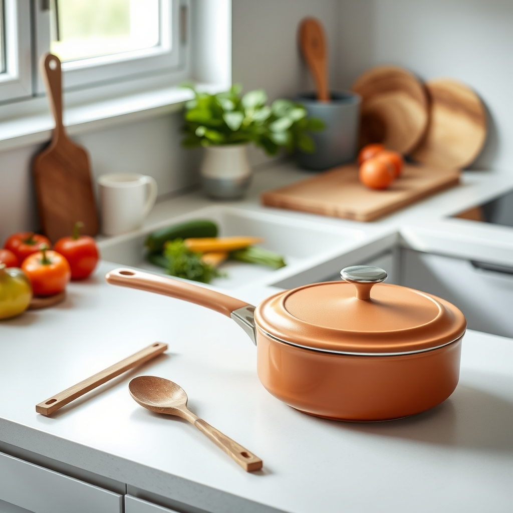Caraway ceramic non-stick — Ceramic non-stick cookware pan on a minimalist kitchen counter with fresh ingredients and wooden utensils.