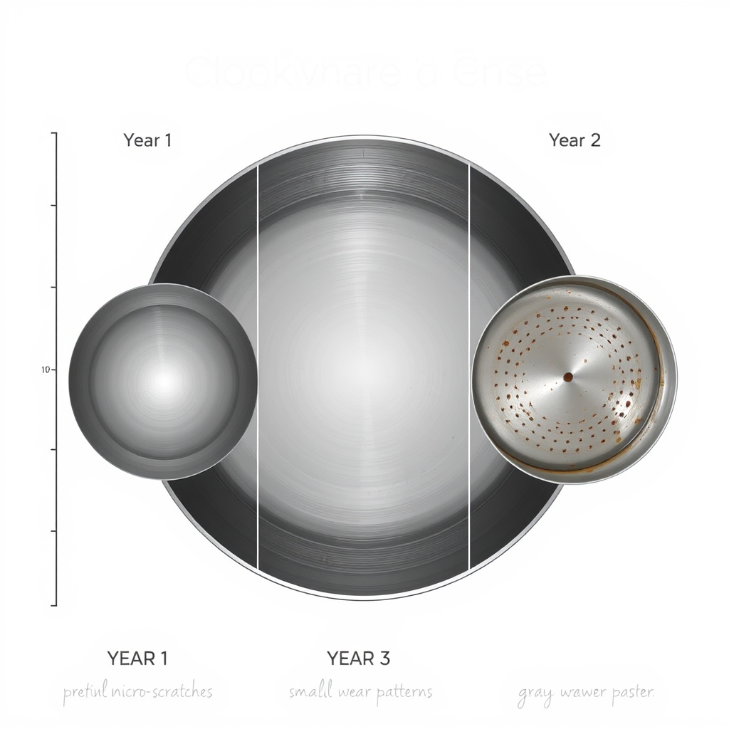 Caraway cookware durability — Visual timeline showing three stages of ceramic non-stick coating wear from year one through year three of use.