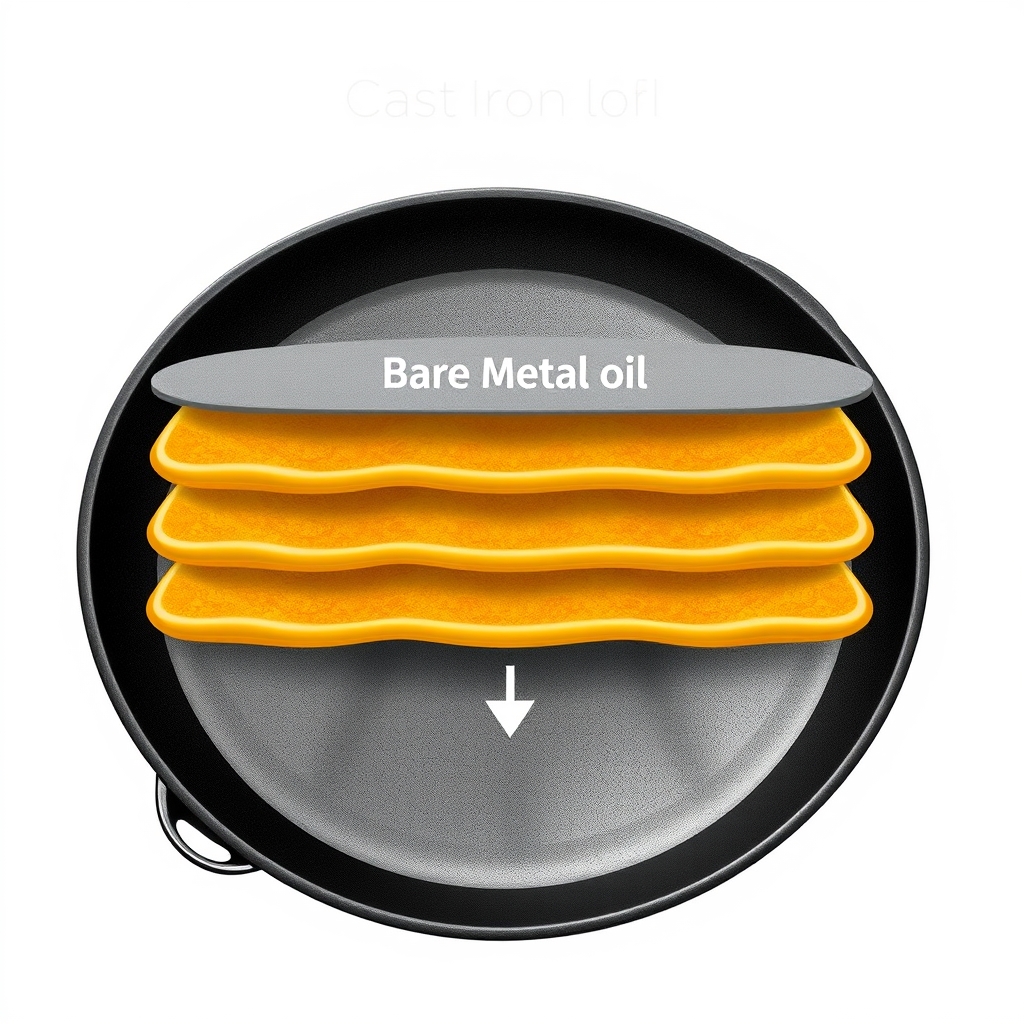 cast iron care — Diagram showing multiple thin layers of polymerized oil building up on cast iron surface.