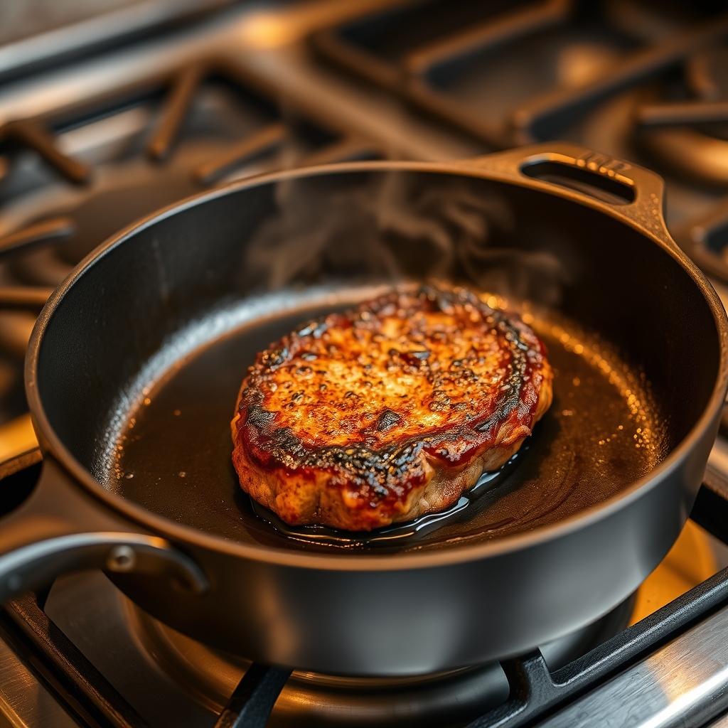 cast iron cooking — Cast iron skillet with a perfectly seared steak showing golden-brown crust on a stovetop.